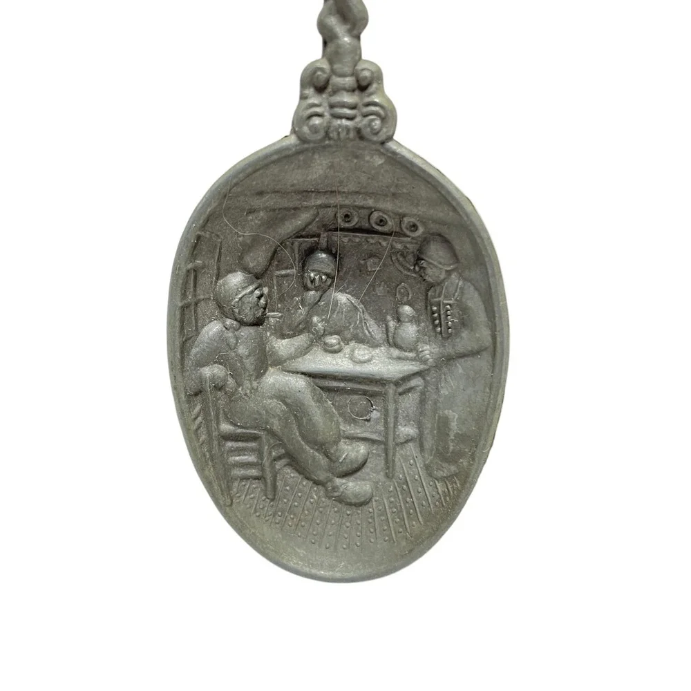 Vintage Dutch‎ Pewter Spoon Volendam Netherlands Stork Handle Tavern on Bowl